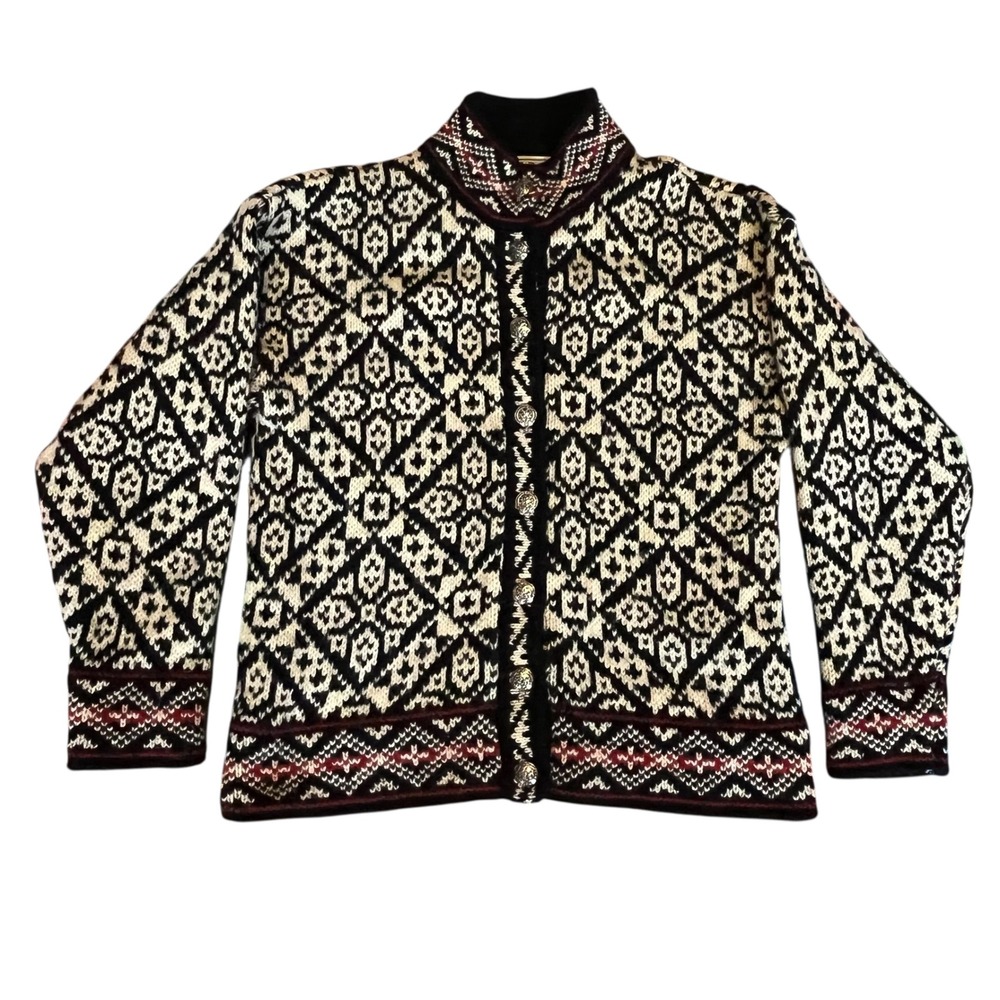 LL Bean Vintage Nordic Fair Isle Wool Cardigan Sweater Black Cream XS